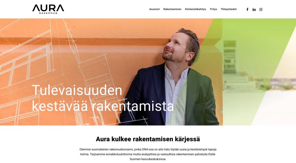 Aura Rakennuksen kotisivujen etusivu ja rakentamista esittelevä pääkuva