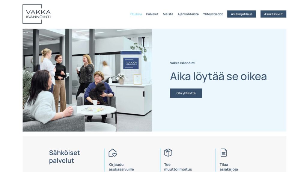 Vakka Isännöinnin kotisivujen etusivu ja sähköiset asiointipalvelut