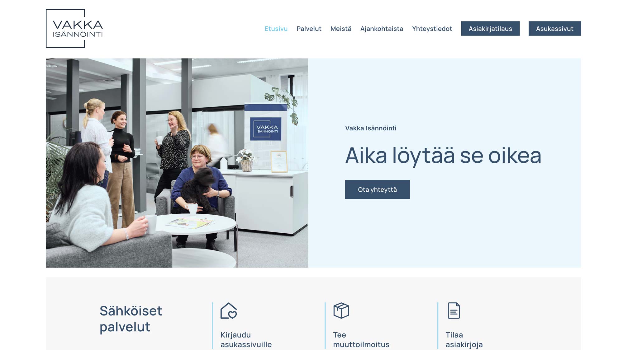 Vakka Isännöinnin kotisivujen etusivu ja sähköiset asiointipalvelut