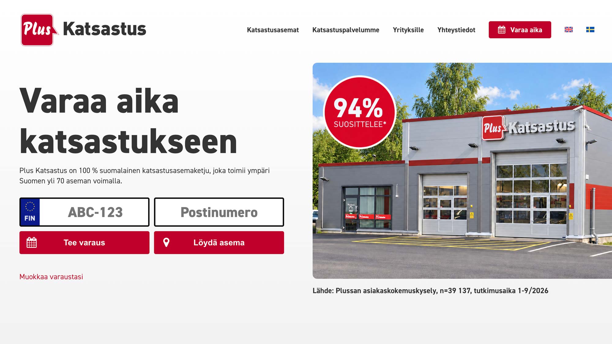 Plus Katsastuksen verkkosivujen etusivu, ajanvaraus ja katsastusaseman haku