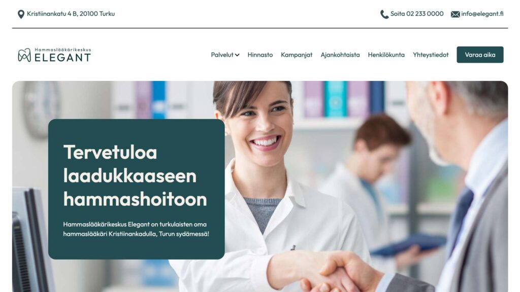 Hammaslääkärikeskus Elegantin verkkosivujen etusivu ja hammashoitopalveluiden esittely